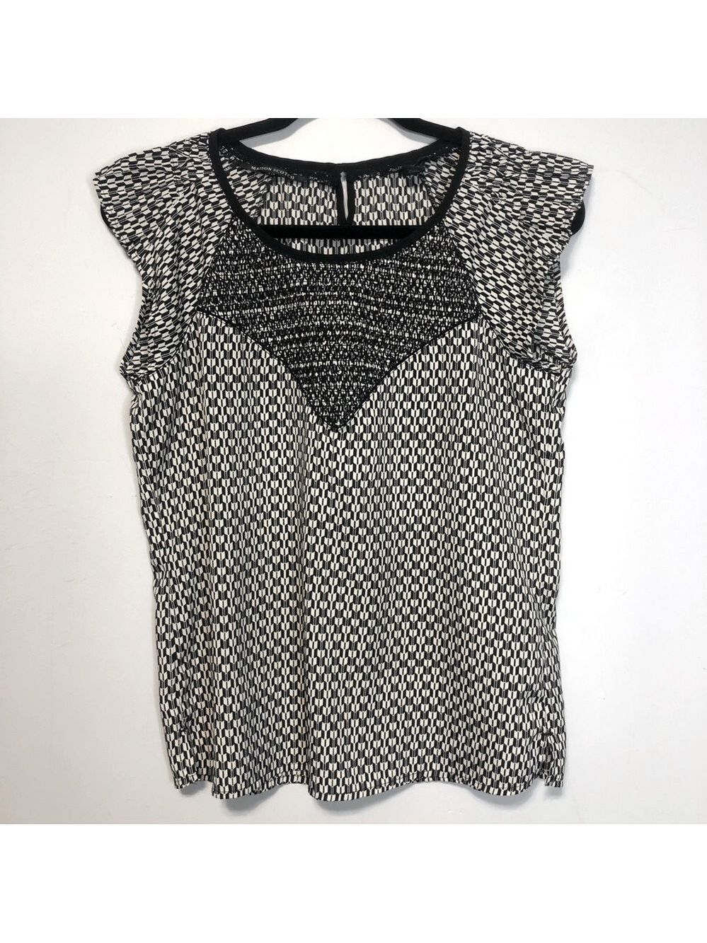 Maison Scotch Jolie Vegabond Geometric Smocked Cap Ruffle Sleeve Blouse, sz 1(4)